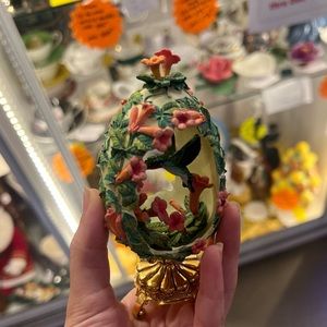 House of Faberge hummingbird floral egg antique with stand. (Rare Find)